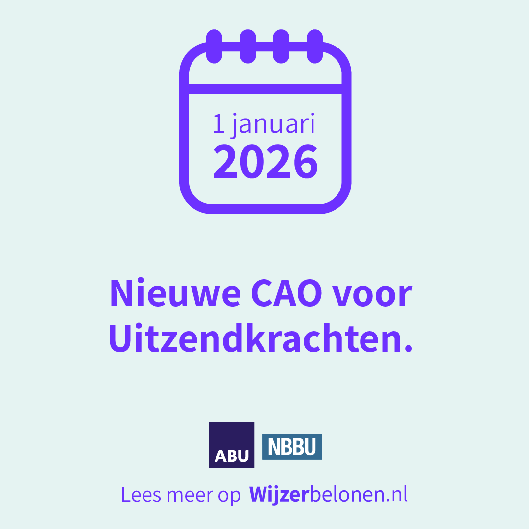 Visual van de LinkedIn-campagne. In het midden een pictogram van een agenda, met hierop de datum 1 januari 2026. Onder staat de tekst 'Nieuwe CAO voor Uitzendkrachten', met de logo's van de ABU en NBBU. Ondertitel is 'Lees meer op wijzerbelonen.nl'.